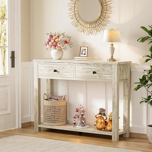 Homieasy Farmhouse Console Table with 2 Drawers, 32 Inch Small Sofa Table with Storage Shelf for Living Room, Behind Couch, Entryway Table for Hallway, Living Room, or Foyer, Light Rustic Oak