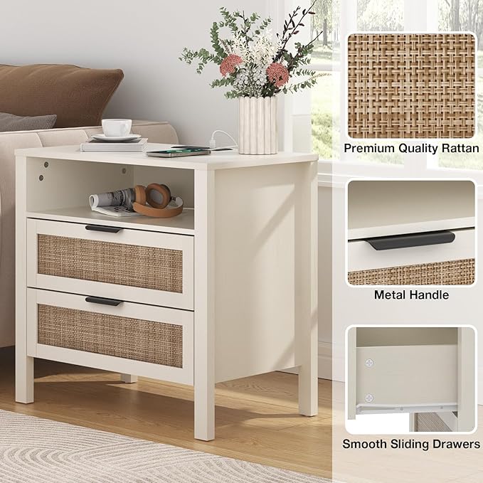 HOMMPA Nightstand with Charging Station, Rattan Night Stand with Drawer, Boho Bedside Table with USB and Type-C Ports, Large Side Table End Table for Bedroom, Living Room, Small Space, Cream