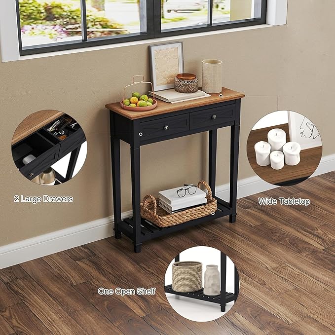 kinbor Narrow Console Table with Shelf ＆ Drawers Small Entryway Table Hallway Table for Entryway Living Room Bedroom Foyer Office Black