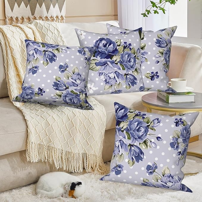 Blue Flower Throw Pillow Covers 26"x26" Set of 4, Retro Floral Decorative Pillowcases for Sofa Chair Couch Bed Living Room Office Car Garden Patio Farmhouse Indoor Outdoor