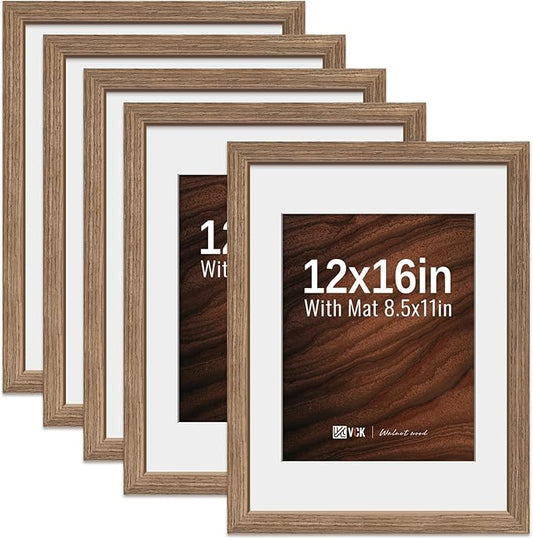 VCK 12x16 Picture Frame 5 Pack - Walnut, High-End Wood Poster Frames with Tempered Glass, Display 8.5x11 Photo with Mat or 12x16 without Mat, Art Gallery-Quality, Wall Hanging, Walnut