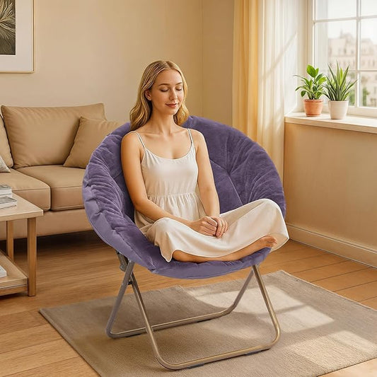Athena Collection Comfy Saucer Chair Folding Cozy Chair for Bed Room Living Room Accent Chair Faux Fur Reading Chair Foldable Metal Frame Lazy Chair Moon Chair for Adult Set of 2, Purple