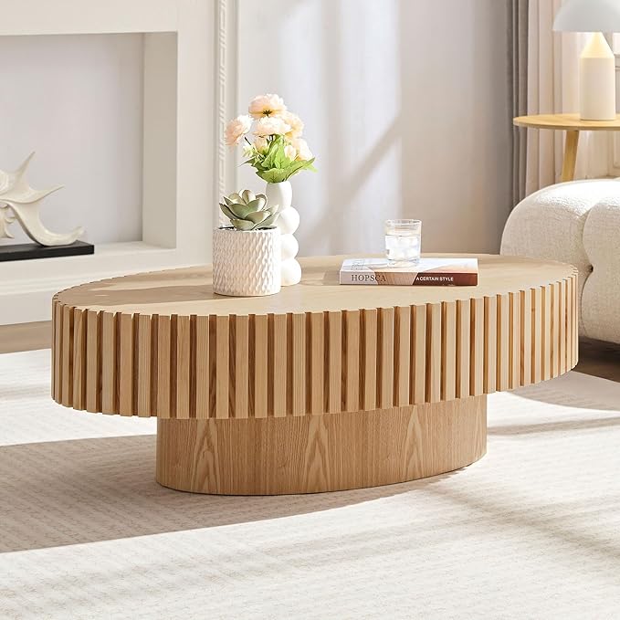 Oval Coffee Table, 43.7" Modern Coffee Table Wood Side Table Accent End Table Center Table with Sturdy Pedestal for Living Room Bedroom Apartment, Oak