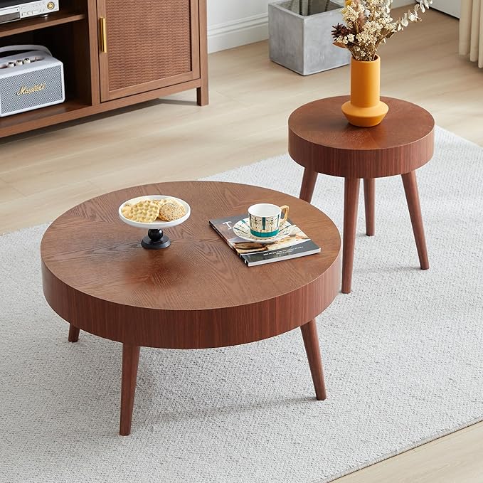 2 Pieces Round Wood Coffee Table Set, Modern Sofa End Table, Accent Side Table for Living Room ﻿ (Walnut)