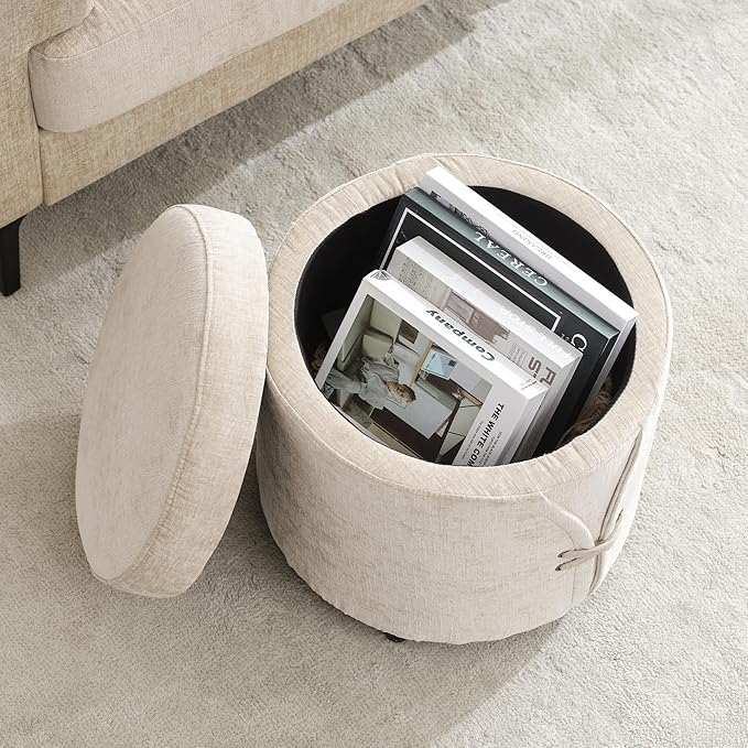 16.5 inch Tufted Small Round Storage Ottoman, Modern Upholstered Ottoman with Soft Padded Seat, Chic Round Vanity Foot Stool with Removable Lid,Light Brown