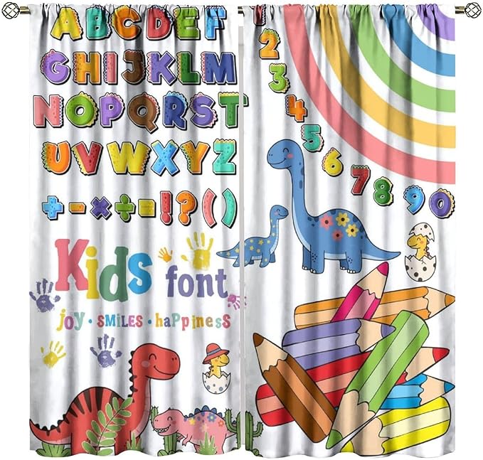 BAEKJIN Dinosaur Alphabet Curtains，Numeration Table and Catoon Dinosaur Pattern Print Decor Window Drapes for Kids Bedroom Living Room 42x45 Inch