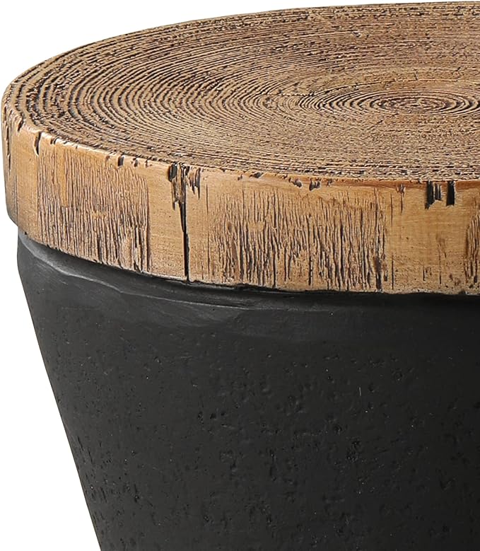 SUNBURY Outdoor Accent Table, 13" W Hourglass Shaped Outdoor Side Table for Patio, Concrete Garden Stool End Table, Morden Concrete Wooden-Look Top for Bedroom, Garden, Backyard