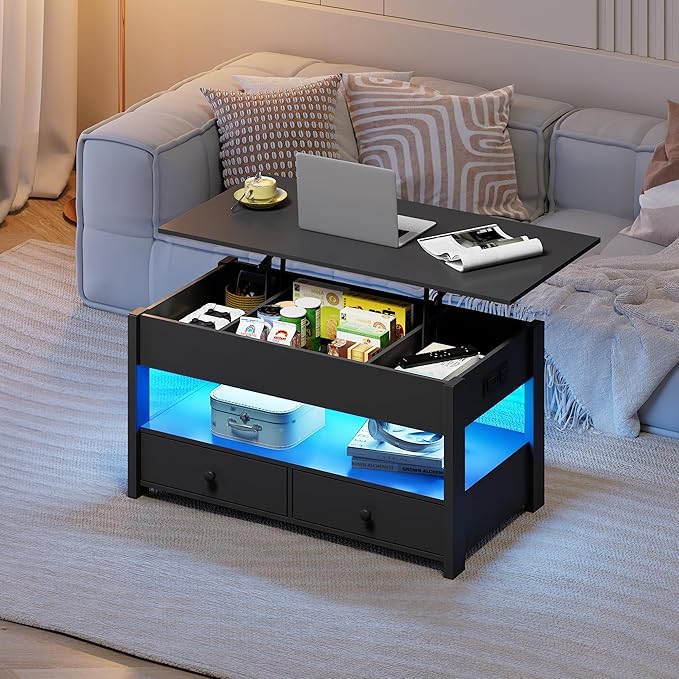 WLIVE Coffee Table, Lift Top Coffee Table with 2 Drawers, LED Light, Large Hidden Compartment and Open Shelf, Lift Tabletop, Dining Table for Living Room, Black