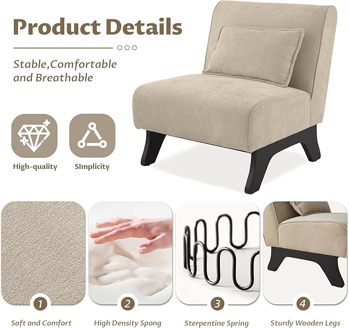 Armless Set of 2 Accent Chair,Modern Comfy Upholstered Living Room Chairs with Wooden Legs& Pillows,Lounge Sofa Side Chair for Bedroom Farmhouse Reading (Brown, 2 PCS)