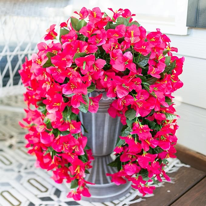 HyeFlora Bougainvillea Artificial Hanging Flowers Plants for Outdoors Decoration, 2pcs Fake Flowers Silk Bougainvillea Vines Realistic UV Resistant Faux Flowers for Planters Porch Patio Urn, Hot Pink