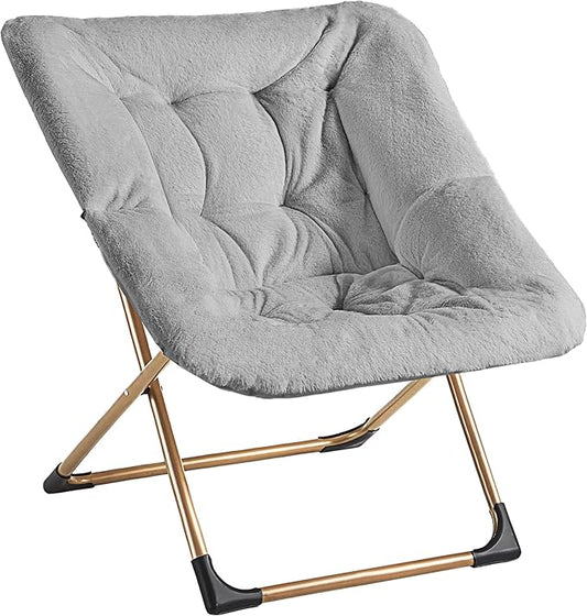 Comfy Oversized Saucer Chair, Soft Faux Fur Reading Lounge Chair for Adults, Stable X-Large Metal Frame and Non-Slip Pad, Foldable Cozy Chairs for Bedroom, Living Room, Dorm, Light Gray