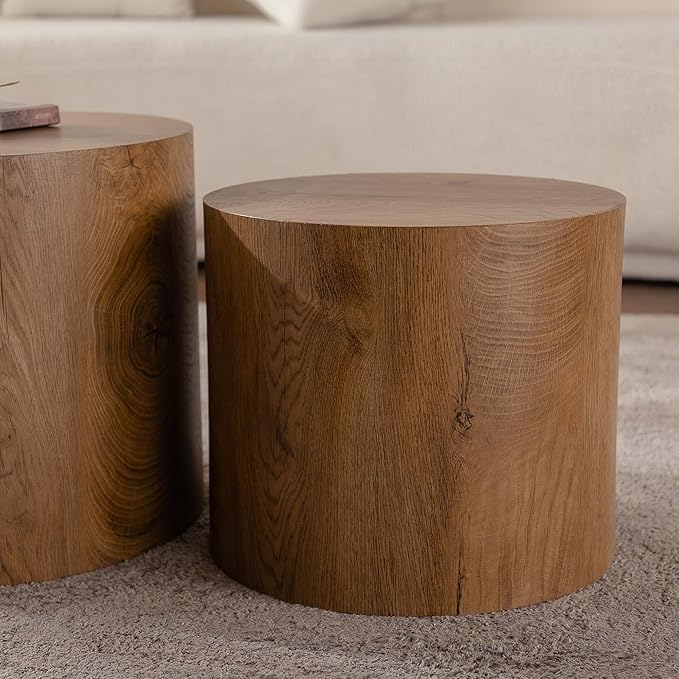Nesting Coffee Table Set of 2, Modern Round Wooden Circle Accent Coffee Tables for Small Spaces Living Room Bedroom Balcony Office Drum Side Table