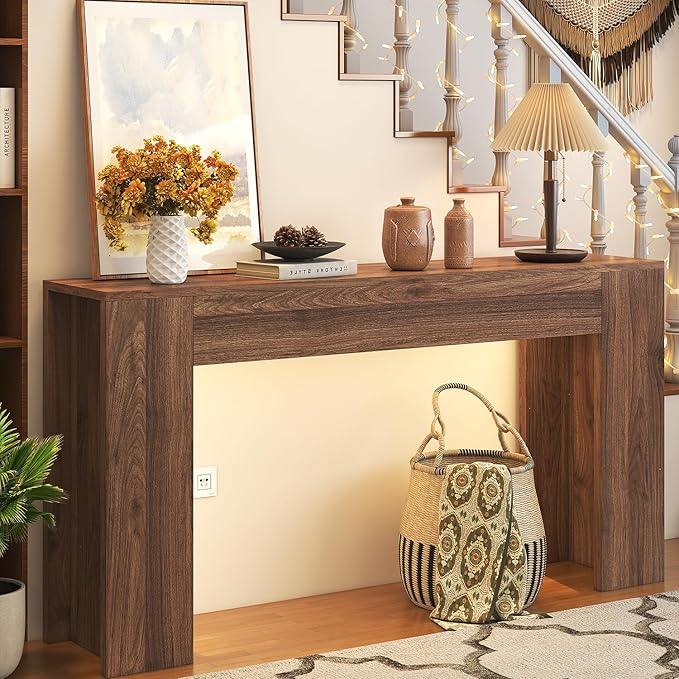63-Inch Long Console Table with LED Light, Farmhouse Sofa Table Behind Couch, Wooden Console Table for Entryway Hallway Entrance Living Room, Brown