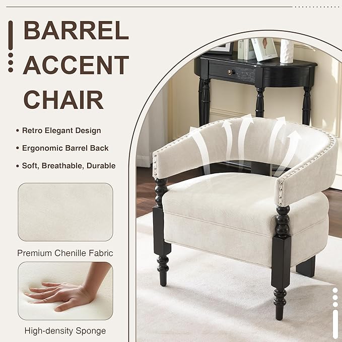 LOULENS Barrel Accent Chairs Set of 2, Vintage Chenille Upholstered Lounge Chair with Solid Wood Legs, Comfy Leisure Side Armchair for Living Room, Bedroom, Reading Nook, Corner, Beige