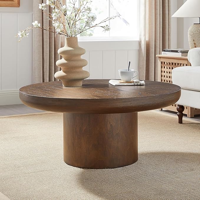35.98'' Brown Round Coffee Table, End Table Modern Coffee Table Wood Small Coffee Table with Cylindrical Leg, Wood Veneer Tabletop Table, Rounded Sofa Side Table for Living Room (ø35.98'' x 15.98'')