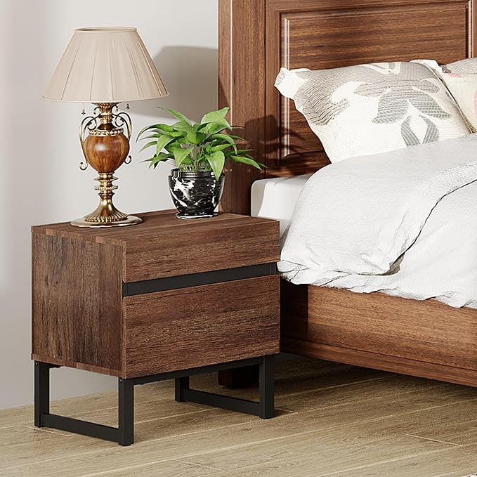 WAMPAT 2 Piece Modern End Table with 2 Drawers, Farmhouse Sofa Table, Wooden Rustic Side Sofa Table with Metal Leg for Living Room, Nighstand for Bedroom, Brown