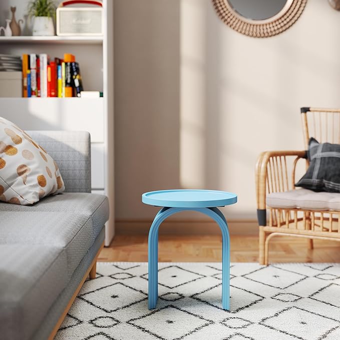 17.7”Wide Modern Side Table, Blue Wooden End Table, Round Accent Table for Small Spaces, Bedside, Couch Side, Narrow Nightstand for Living Room
