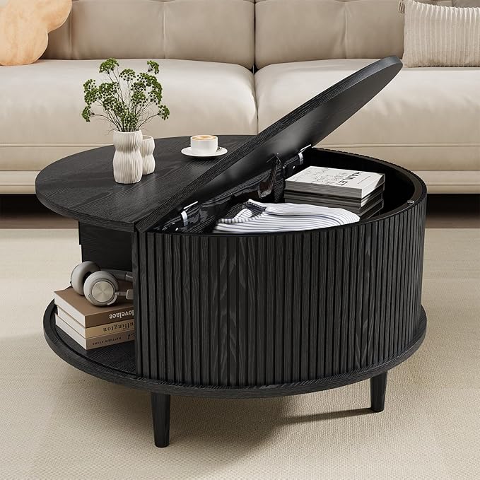 Mid Century Round Coffee Table, Fluted Center Table with Sliding Door, Modern Dining Table with Storage for Home Living Room Office, 31.5", Black