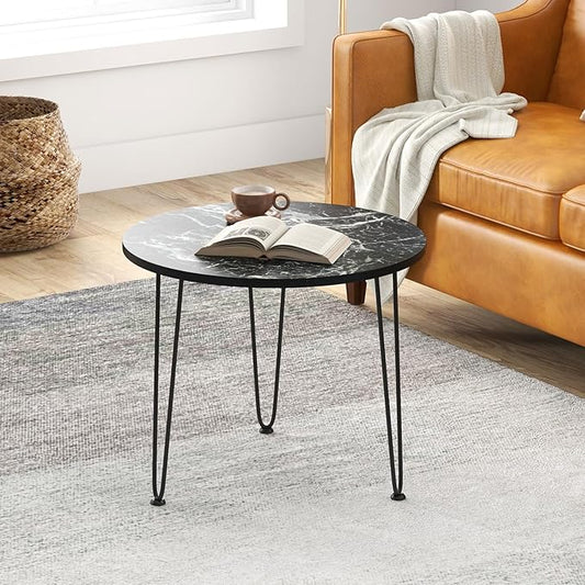 Giantex Round Coffee Table, Faux Marble Center Table with Metal Legs, Sofa Accent Side Table, Modren Coffee Tables for Living Room, Bedroom, Balcony, Small Space (Black)