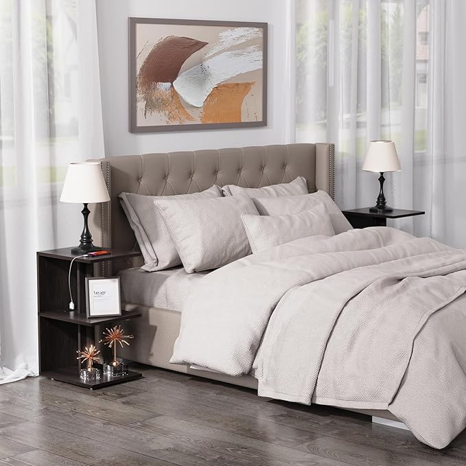 Night Stand with Charging Station, Small Side Table for Couch, USB Ports and Outlet, End Table with 3-Layer Storage Shelves for Small Spaces, Living Room, Bedroom, Bedside (2, Brown)