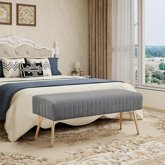 Furnimart 44 Inch Gray Velvet Modern Ottoman Bench, Modern Upholstered Bedroom Benches Footrest Stool Indoor Bench for Entryway Living Room Bedroom Dining Room (Velvet-Grey)