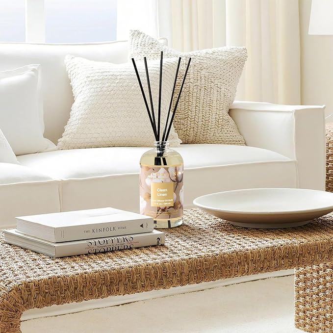 Cocorrína Reed Diffuser Refill Clean Linen 17oz (500ml) with 8 Rattan Sticks - Premium Long-Lasting Scented Oil, Home Fragrance for Bedroom, Bathroom Home Decor