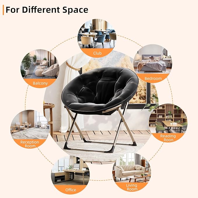 GarveeHome Comfy Oversized Saucer Chair – Soft Plush Fabric Reading Lounger for Adults, Stable X-Large Metal Frame Foldable Accent Lazy Chair for Bedroom, Living Room, Dorm, Office, Black