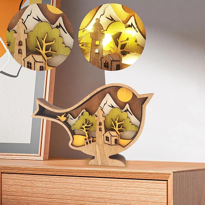 Drawelry 3D Wooden Carving Animals Lamp - Creative Fox Squirrel Wood Carved LED Night Light Garden Yard Wooden Animals Sculpture Ornaments Desktop Home Decor Birthday Gifts for Family Friend (Bird)