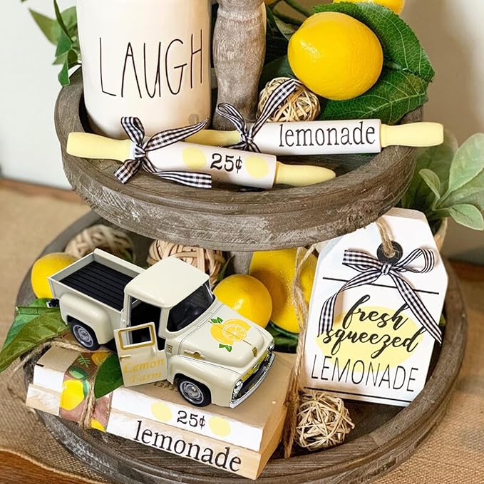 Lemon Truck Decor with Mini Fake Lemons Lemon Decorations for Home Kitchen Farmhouse Tabletop Centerpiece Summer Tiered Tray Decor Lemonade Stand Decorations Amalfi Coast Party Favor, Cream