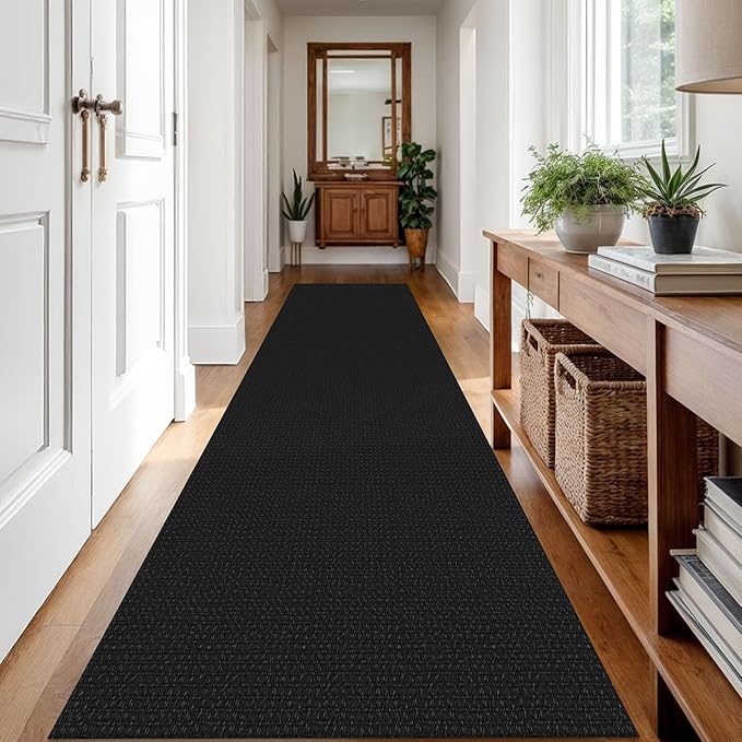 IOHOUZE Washable Runner Rug 3x12 Non Slip Rubber Backed Extra Long Hallway Runner Entryway Runner Indoor, Kitchen Rugs Woven Cotton Floor Carpet for Hall Entrance Stair, Black/Grey