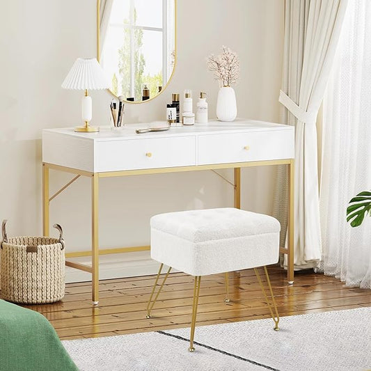 Vanity Chair with Storage, 15.7" L x 11.8" W x 17.7" H Teddy Velvet Vanity Stool with Coffee Table and Metal Legs, Multifunctional Makeup Stool for Vanity, Bedroom, and Living Room, White