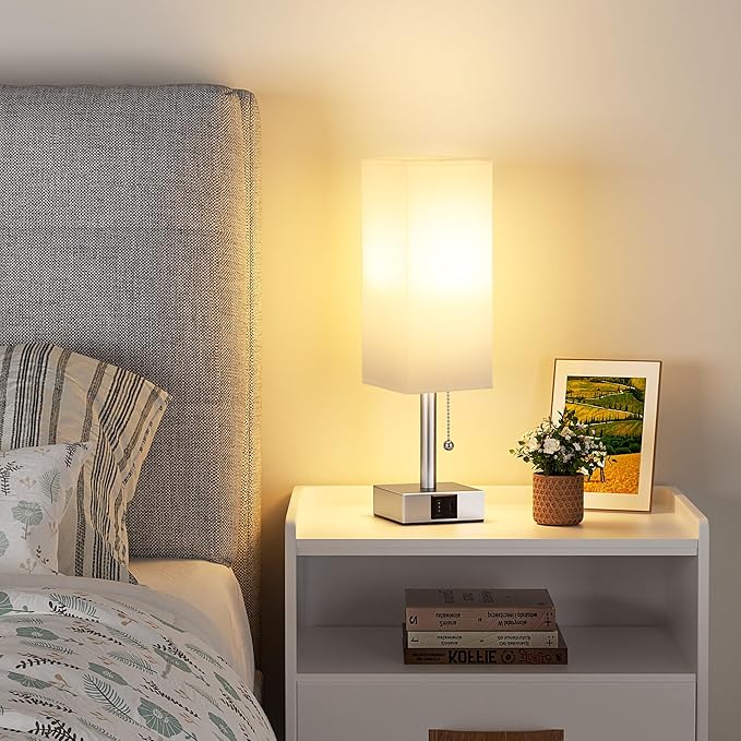 White Small Lamp for Bedroom - 3 Color Temperature 3000K 5000K 4000K Bedside Lamp, Pull Chain Control, USB A and C Charging Ports, Silver Base, for Kids Office Dorm nightstand, Bulb Included