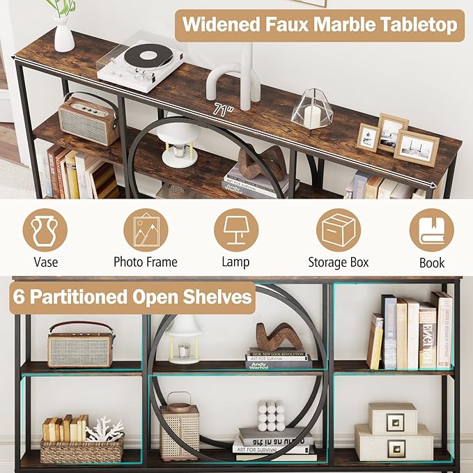 Giantex Narrow Long Console Table, 3-Tier Entryway Table with Faux Wood Grain Top&Heavy-Duty Metal Frame, Mid-Century Accent Sofa Tables with Open Storage Shelves for Living Room, Hallway(Brown+Black)