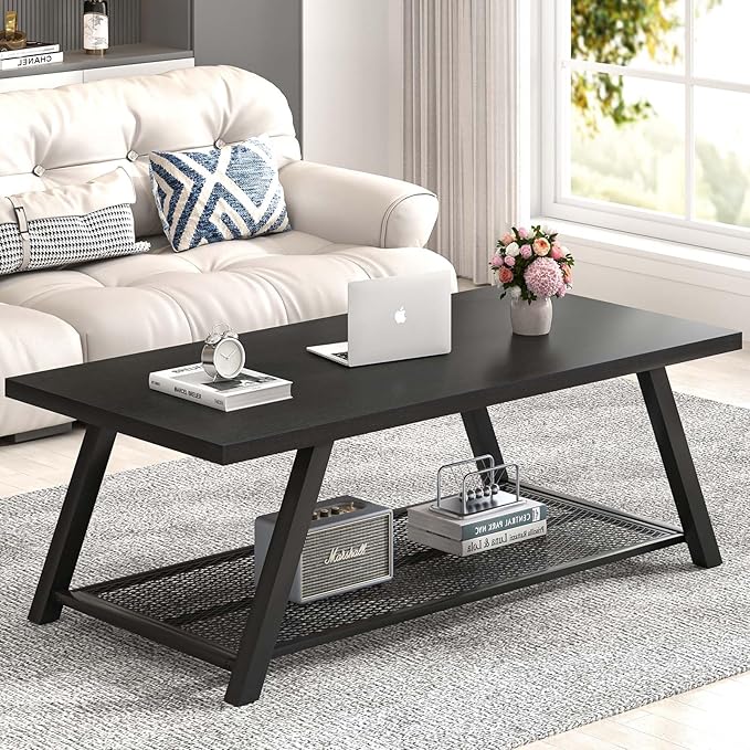 FOLUBAN Black Coffee Table, Modern Rustic Wood and Metal Living Room Table with Storage Shelf, Industrial Rectangle Cocktail Tea Table, 47 Inch