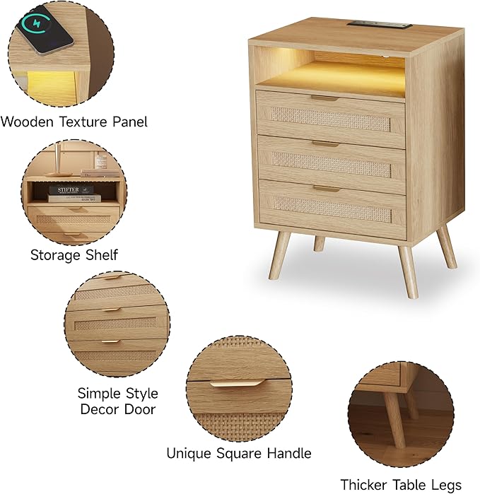 Rattan Nightstand Set of 2 with Charging Station and Led Lights and 3 Drawers, Boho Night Stand Set 2, Bedside Table Bed Side Table Sofa Table, End Tables Living Room,Bedroom(2 Pack)