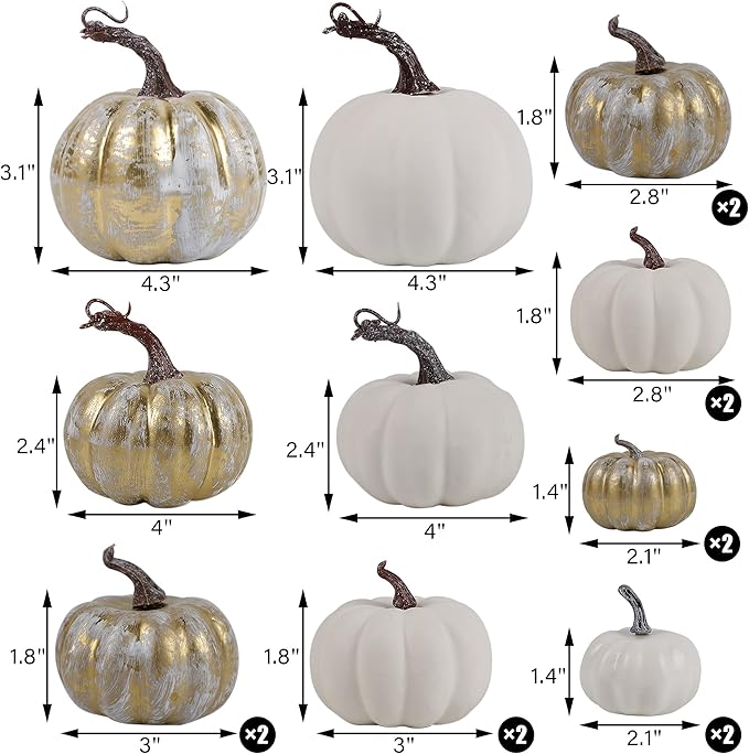 winemana 16 Pcs Golden and White Pumpkins Thanksgiving Pumpkin Decorations Assorted Sizes, Artificial Foam Harvest Autumn Decor, Fake Pumpkins Fall Decorations for Indoor Home Kitchen Table Mantle