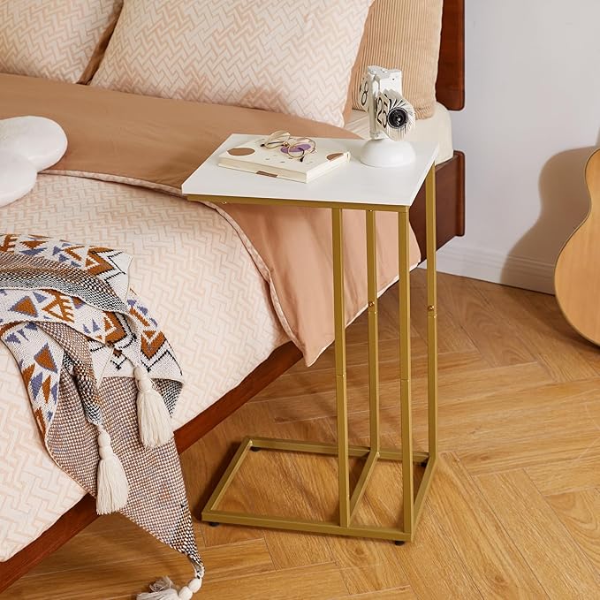 Small Side Tables C Shaped, End Table, Small Table Stand for Living Room Bedroom, Little Bedside Table 16x12x25 inch White+Gold YD-TM051WG