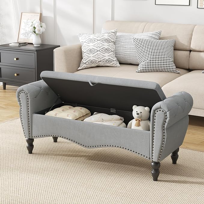 Furniliving 51.75" Storage Ottoman Bench for Living Room, Modern Bedroom Benches with Rolled Arm Upholstered End of Bed Bench Shoe Storage Indoor Bench with Wood Legs Entryway Bench, Grey, Linen