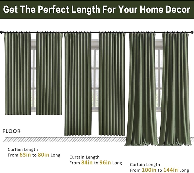 RAIN CITY 2 PCs Olive Green Linen Blackout Curtains 84 Inch Long for Living Room,Pinch Pleated Drape with Hooks Back Tab Boho Decor, Olive Forest Loden Full Black Out Curtains for Bedroom