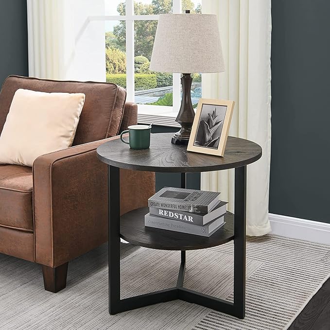 Round End Table with Storage Shelf, 25in Circel Accent Side Table with Metal Legs, 2-Tier Industrial Sofa Side Table for Living Room Bedroom, Black Brown