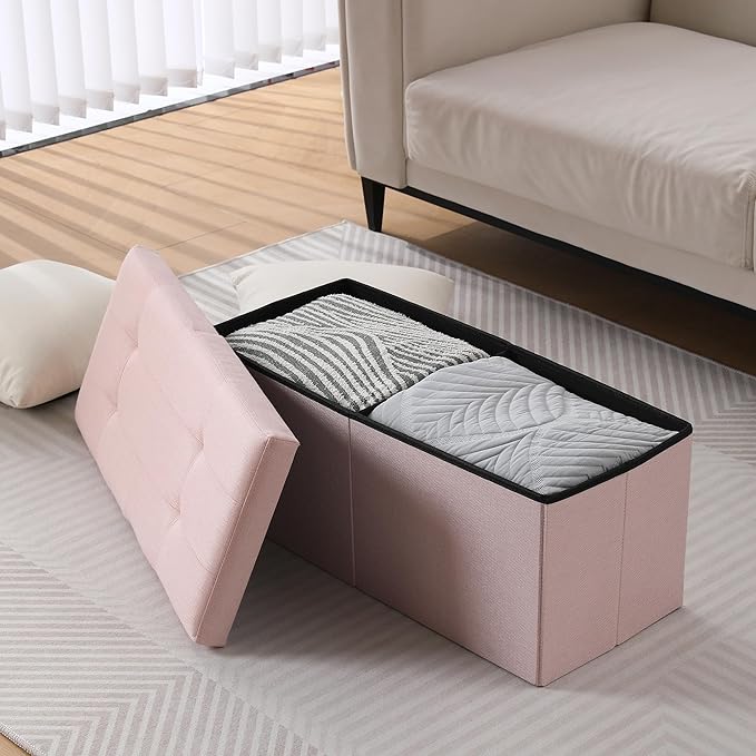 CUYOCA Storage Ottoman Bench Foldable Seat Footrest Shoe Bench End of Bed Storage with Flipping Lid, 75L Storage Space, 30 inches Linen Fabric Pink, OT026PK