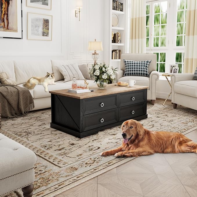 Rustic Coffee Table with Drawers 47 inch Living Room Tables with Storage, Wooden Center Table for Reading Playing Room Home Accent Table for Dining Room Apartment, Dark Oak Black