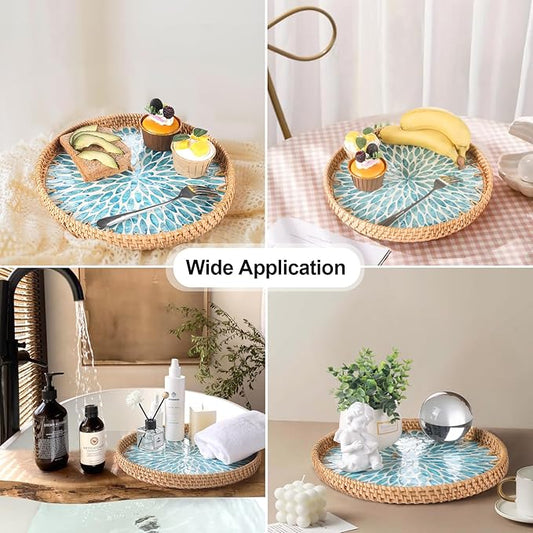 Round Rattan Tray with Mother of Pearl Inlay, Rattan Serving Tray for Coffee, Bread, Fruits, Decorative Wicker Tray for Table Decor, Home Decor, Kitchen Island Decor (Turquoise Leaf, 11.8")