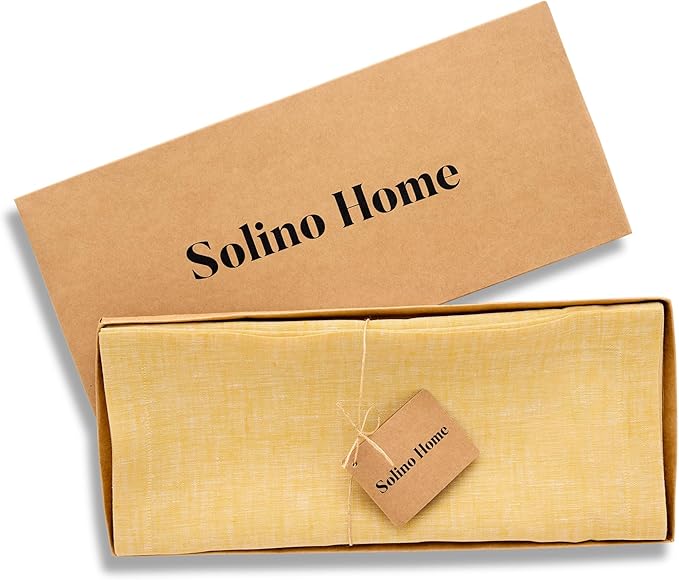 Solino Home Linen Small Table Runner 60 Inches - Athena, 100% Pure Linen Chambray Mustard Yellow Table Runner 14 x 60 Inch Ideal for Dresser and Coffee Tables