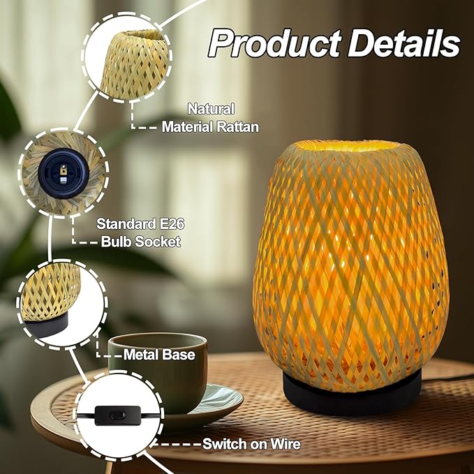 Boho Woven Nightstand Table Lamp - Rattan 3 Color Temperature Handmade Rattan Bamboo Lamp for Bedroom, Living Room