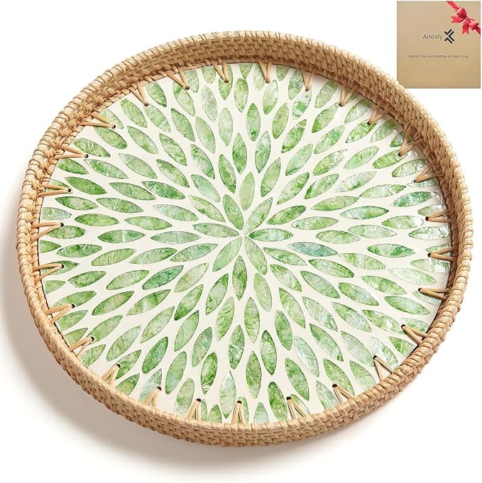 Rattan Tray with Mother of Pearl Inlay, Round Rattan Serving Tray with Wooden Base, Decorative Wicker Basket for Table Decor, Mosaic Tray for Storage and Display of Jewelry Coffee Food (Aqua Green)