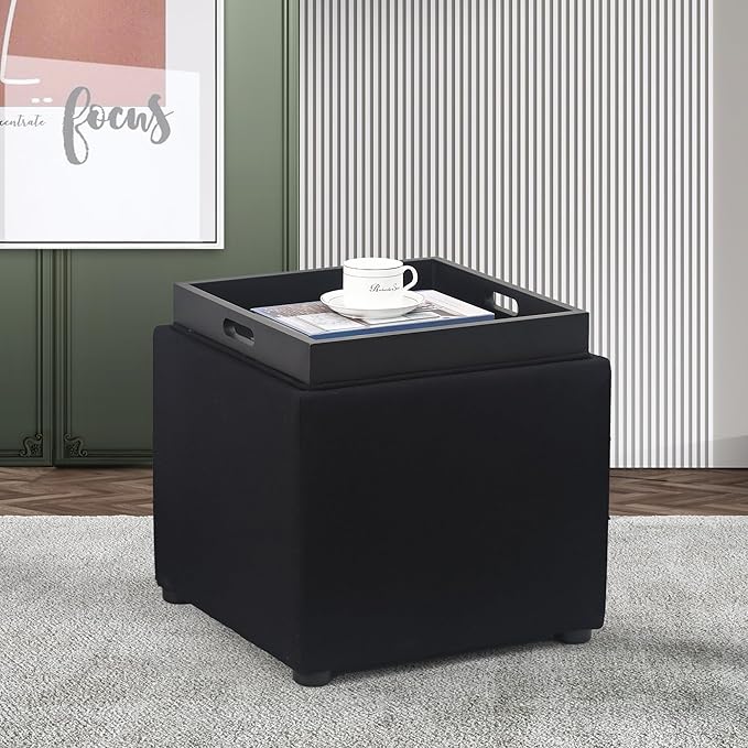 Adeco 17" Black Square Storage Ottoman with Tray, Modern Cube Ottoman Coffee Table for Dorm, Bedroom
