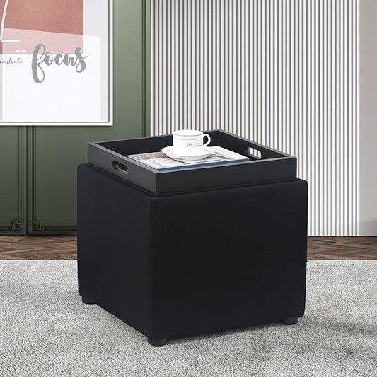 Adeco 17" Black Square Storage Ottoman with Tray, Modern Cube Ottoman Coffee Table for Dorm, Bedroom