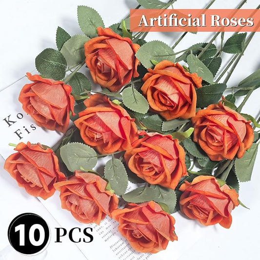 10 PCS Artificial Roses with Long Stems Silk Flowers Realistic Foam Flowers Fake Roses for Valentine's Day Autumn Fall Decor Halloween(Orange)