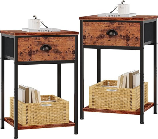 Furologee Nightstands Set of 2, Night Stand with Fabric Drawer and Storage Shelf, Retro Bedside Sofa Tables for Small Place, End Side Tables Living Room Bedroom, Rustic Brown